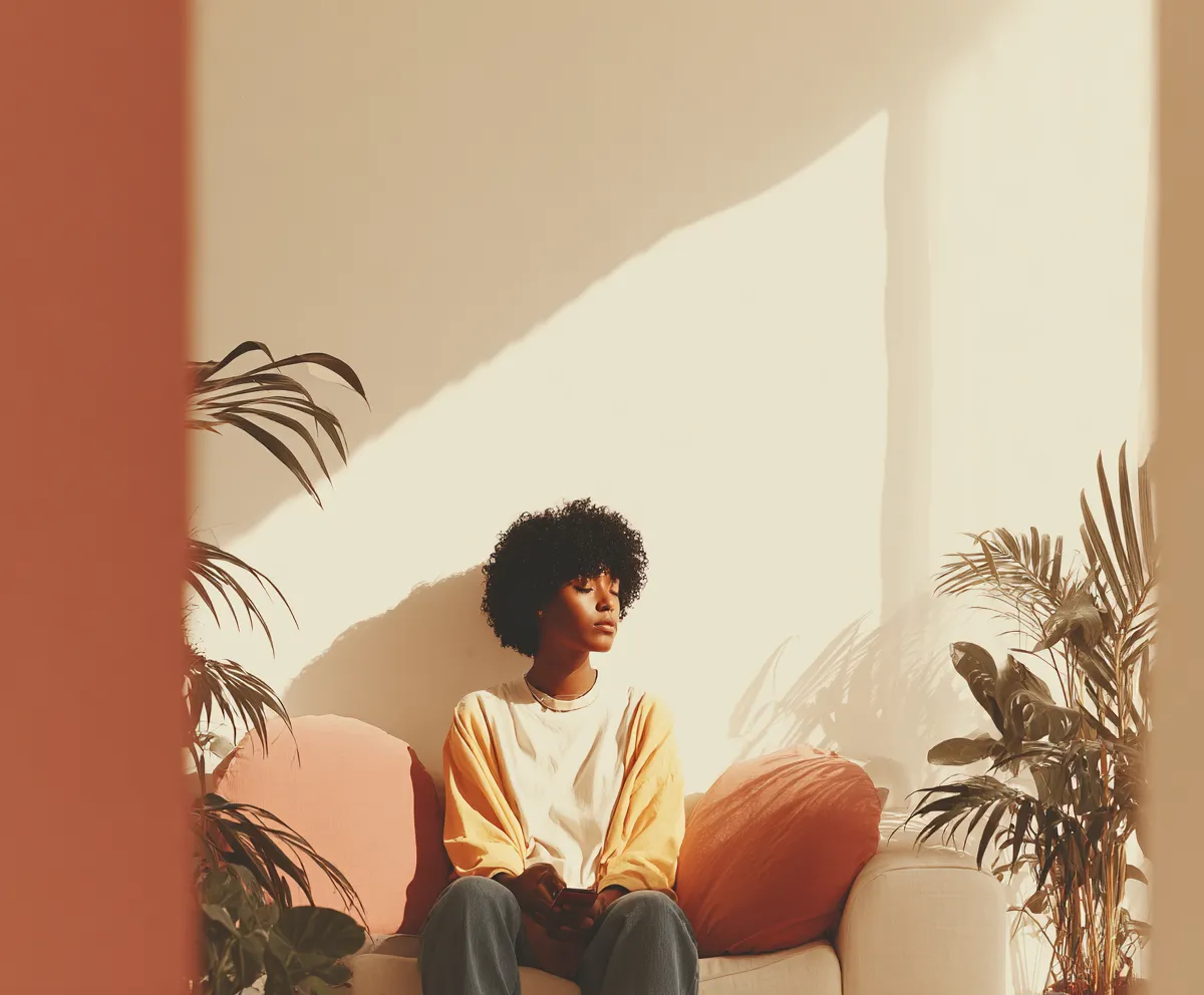 Persona relajada en un espacio cálido, usando Almia